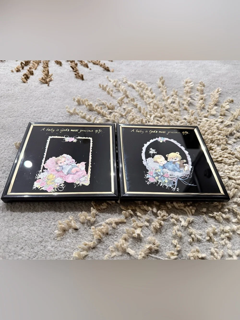 Vintage 1980s Kafka Baby Nursery Theme Foil Art Glass Prints 6x6 Pair